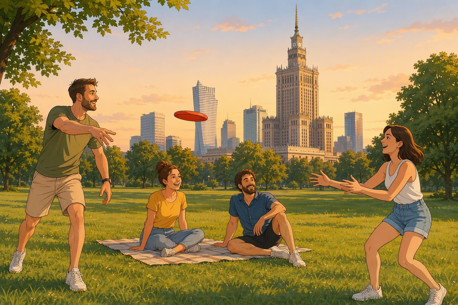 Znajomi grający we frisbee w warszawskim parku, z Pałacem Kultury w tle