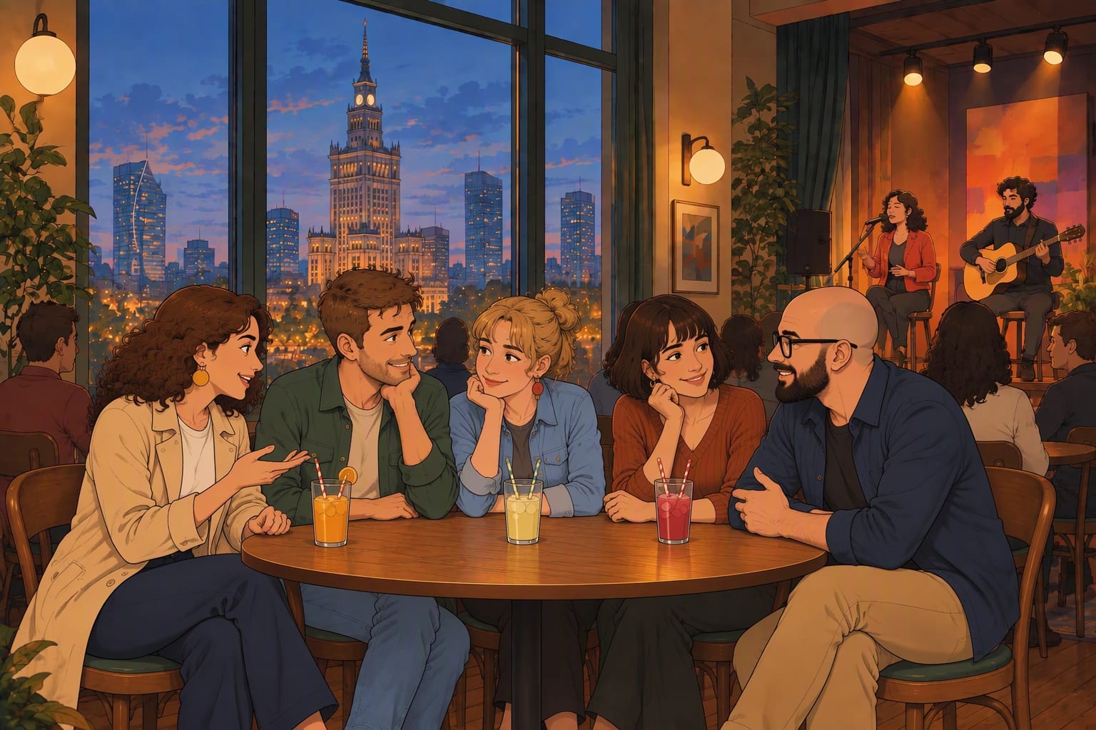 Five friends talking around a table at a live music evening, with juice and the Palace of Culture through the window.